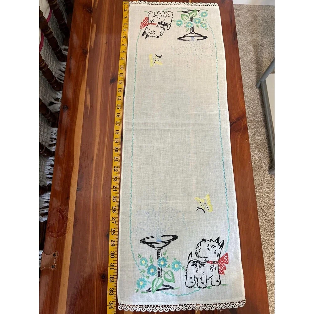 Vintage Hand Embroidered Table Runner Scottie Dog with flowers